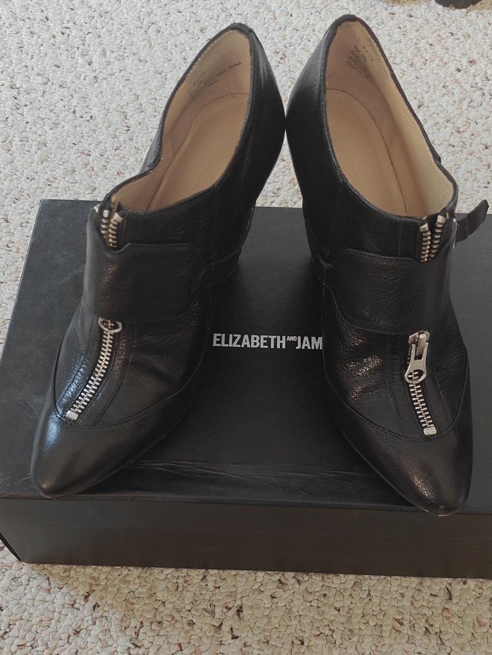 Elizabeth and James Black Leather Pointed Zip Ankle Booties